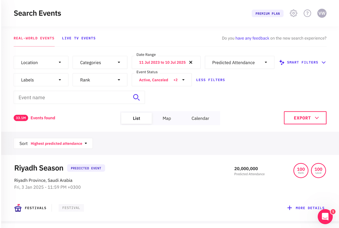 PredictHQ Event Search - filters expanded