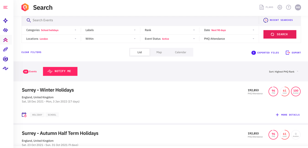 School holidays district level - UK product screenshot